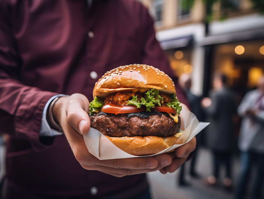 Hands holding juicy gourmet burger outdoors