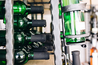 Green Wine Bottles on Wooden Rack in Cellar