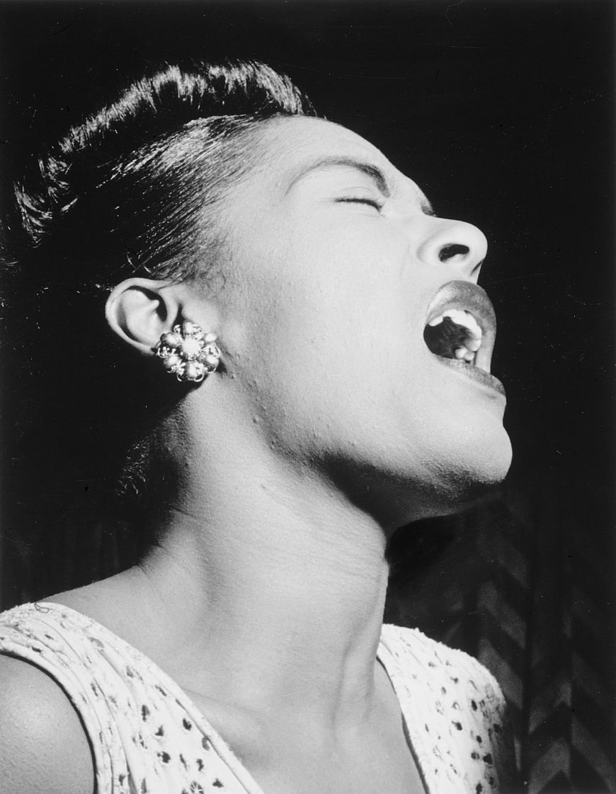 Vintage Black and White Portrait of Billie Holiday Singing