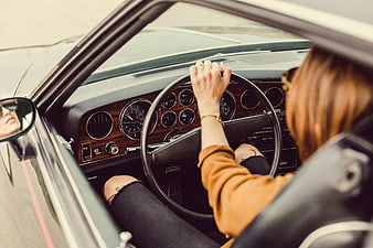 Woman Driving Vintage Classic Car Interior