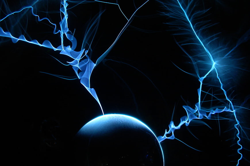 Blue Plasma Arcs and Electric Lightning on Black Background