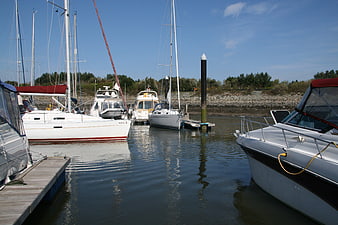 Sailboats and motor yachts docked in a sunny marina