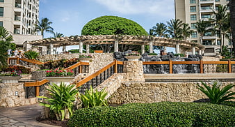 Tropical Resort Garden with Pergola and Waterfall