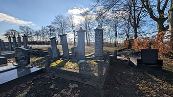 Old Cemetery with Weathered Tombstones in Winter Sunlight