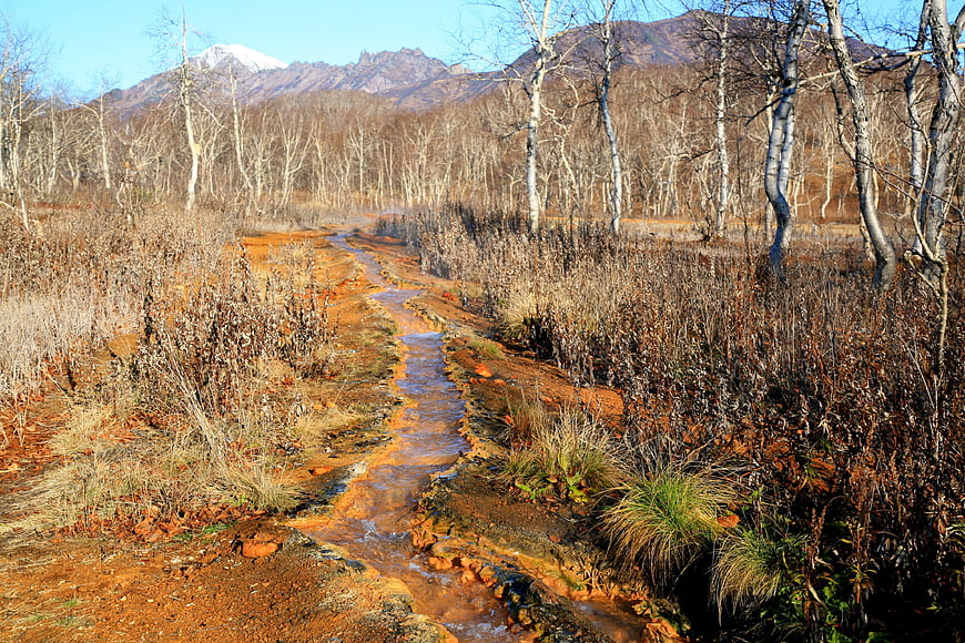 Orange mineral stream flowing through winter forest with mountains