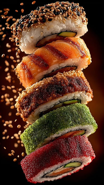 Stacked Gourmet Sushi Rolls with Sesame Seeds
