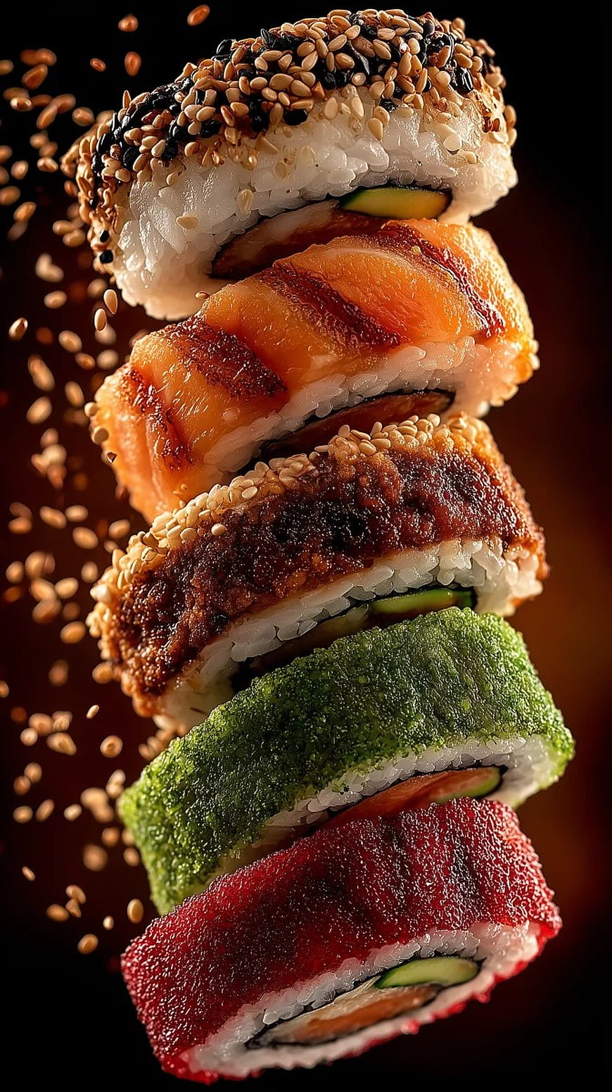 Stacked Gourmet Sushi Rolls with Sesame Seeds