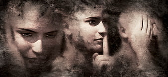 Surreal Dark Photomontage of Three Women Faces