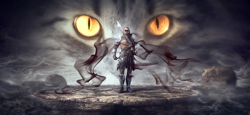 Fantasy warrior standing before giant glowing cat eyes in smoke