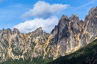 Dramatic jagged mountain peaks with pine forest and blue sky
