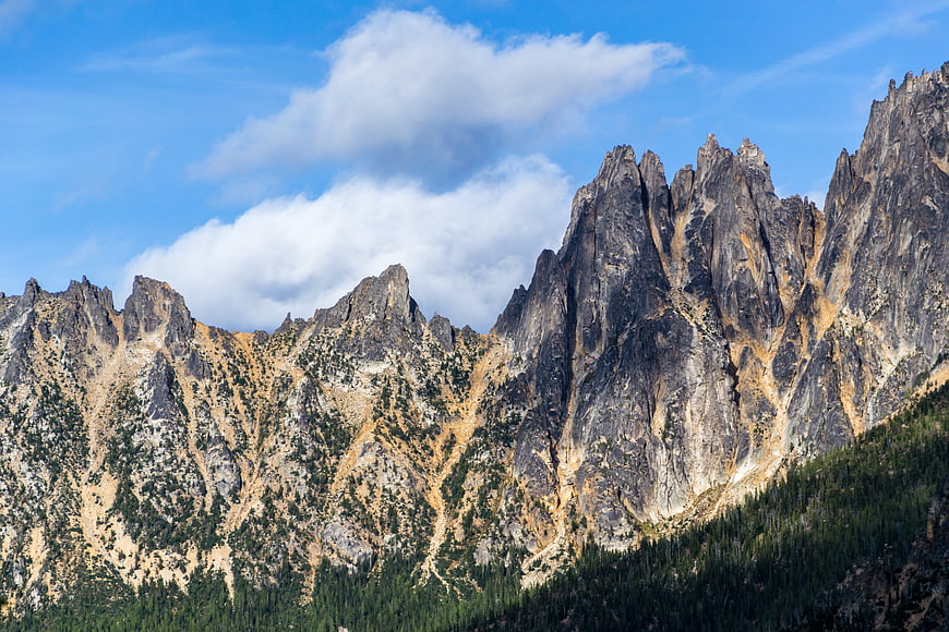 Dramatic jagged mountain peaks with pine forest and blue sky