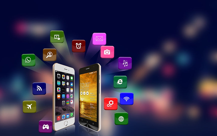 Two smartphones with colorful app icons radiating on dark blue background