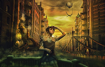 Steampunk woman looking at airship in Victorian city