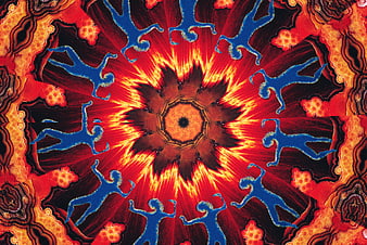 Abstract kaleidoscope pattern with blue figures and red background
