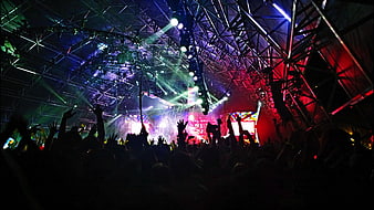 Silhouettes of concert crowd with hands raised under stage lights
