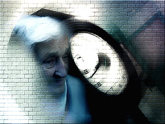 Double exposure elderly woman face with clock and brick wall