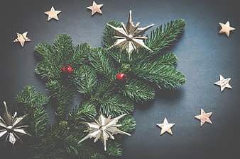 Christmas fir branches with stars and berries on dark background