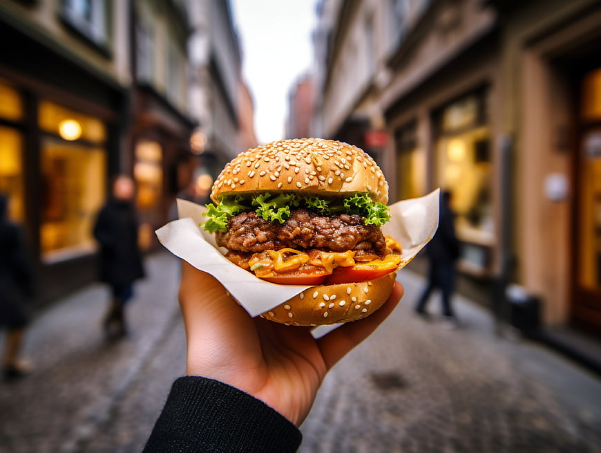 Hand holding delicious burger on city street