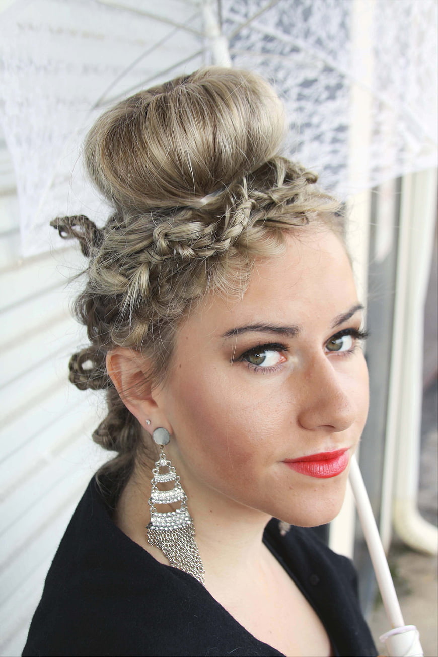 Blonde Woman with Retro Braided Updo and Red Lips