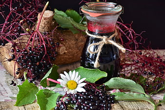 Homemade Elderberry Syrup with Fresh Berries and Leaves