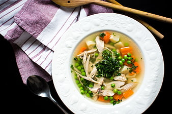 Top View of Homemade Chicken Soup with Vegetables