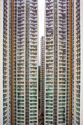 Vertical Perspective of Colorful High-Rise Residential Towers