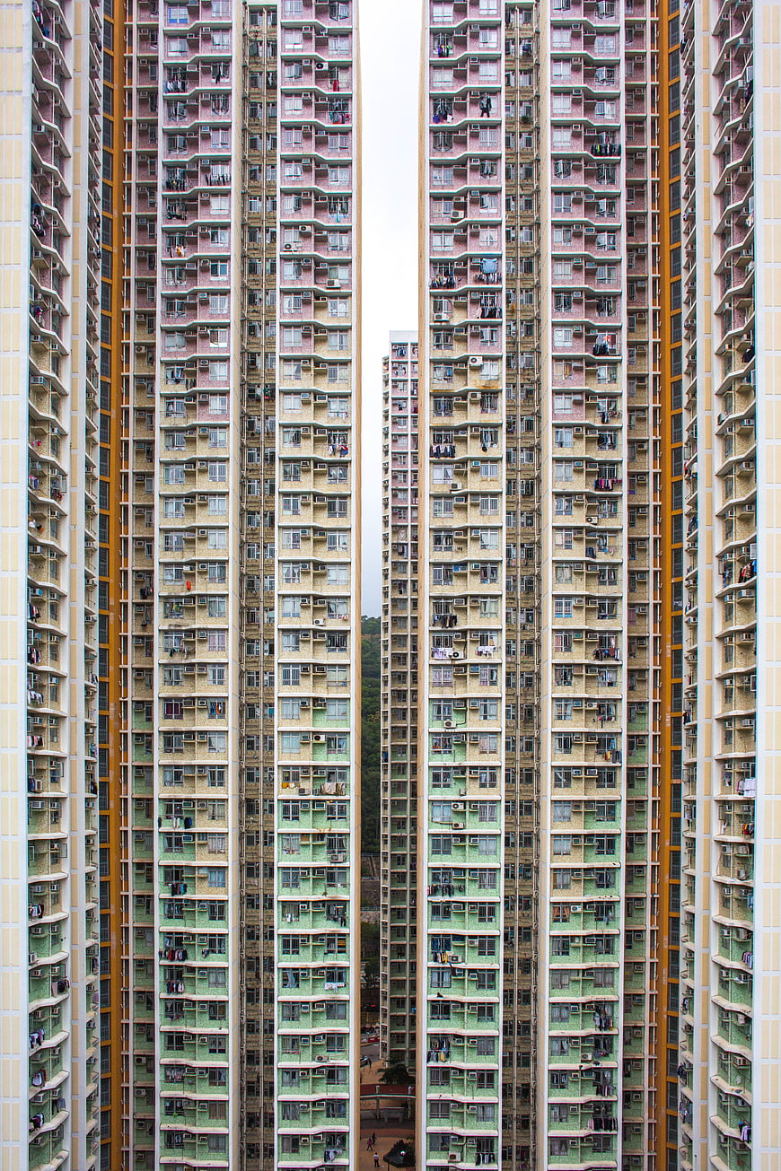 Vertical Perspective of Colorful High-Rise Residential Towers