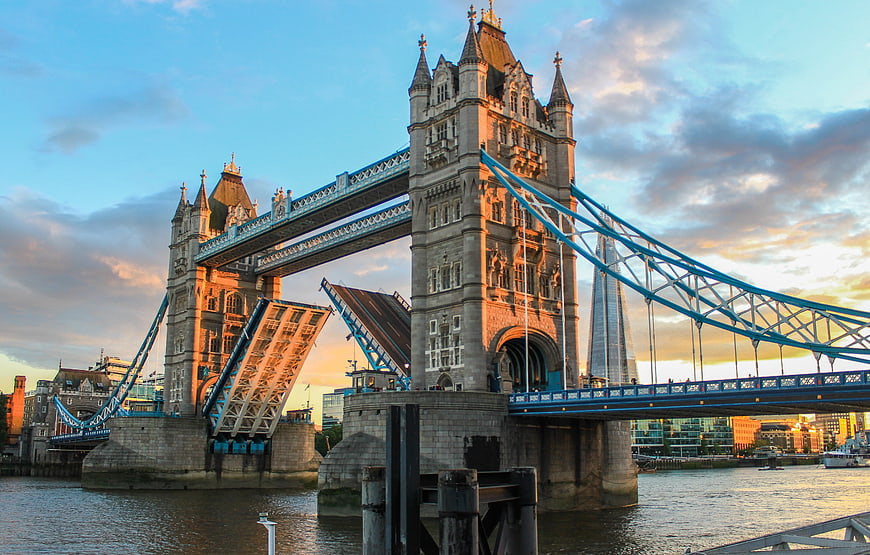 Tower Bridge London Opened at Sunset with The Shard in Background