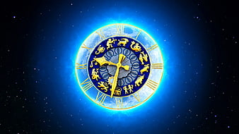 Celestial Zodiac Clock With Glowing Moon And Starry Sky Background