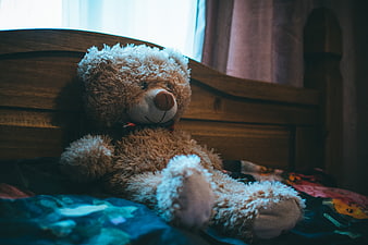 Cuddly Brown Teddy Bear Sitting on Wooden Bed