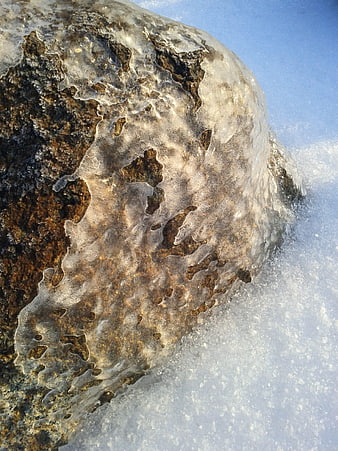 Close-up of frozen rock with ice texture in winter