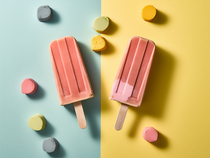 Two pink popsicles on split pastel blue and yellow background