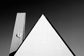 Minimalist Black and White Church Architecture with Clock Tower