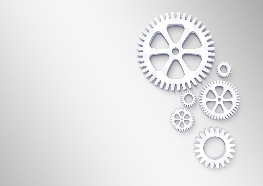 White 3D Gears on Gray Background with Copyspace
