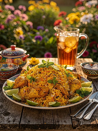 Chicken Biryani Platter with Mint and Lime in Garden