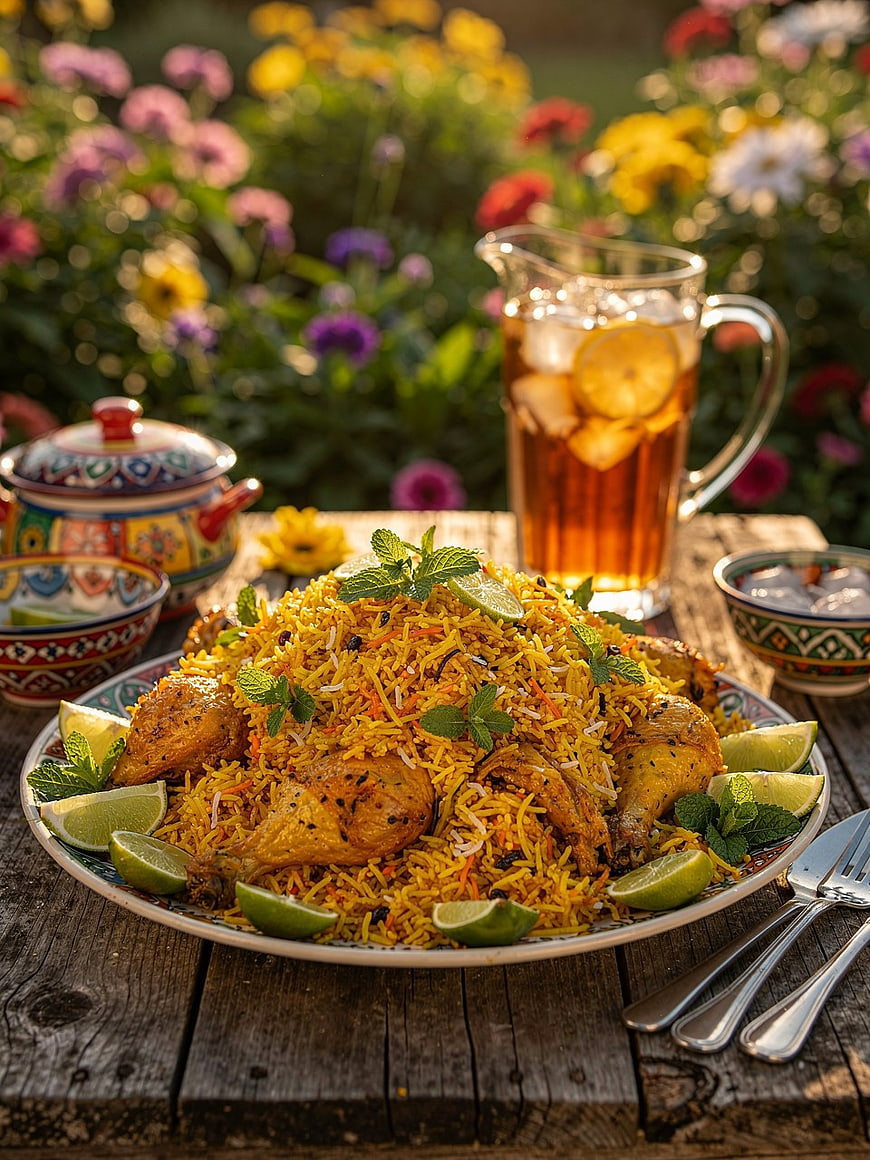 Chicken Biryani Platter with Mint and Lime in Garden