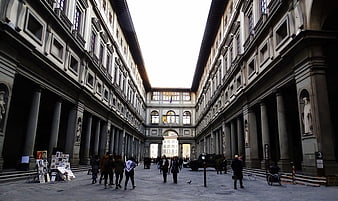 Wide angle view of the Loggia dei Lanzi courtyard in Florence
