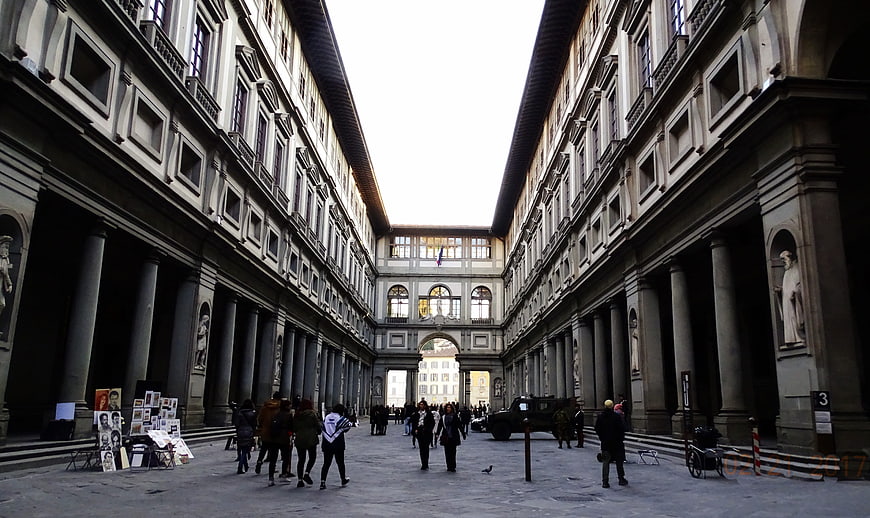 Wide angle view of the Loggia dei Lanzi courtyard in Florence