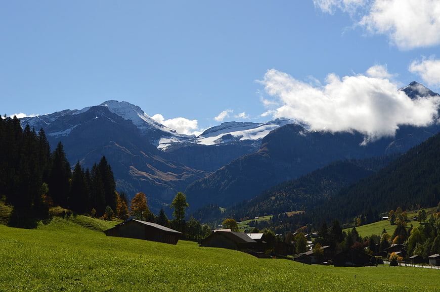 Scenic Swiss Alps Landscape with Snowy Peaks and Green Pastures