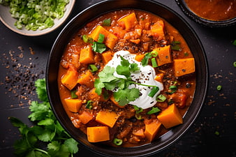 Overhead View of Hearty Sweet Potato Chili Bowl with Toppings