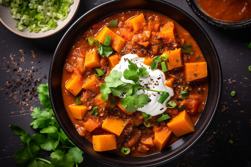Overhead View of Hearty Sweet Potato Chili Bowl with Toppings