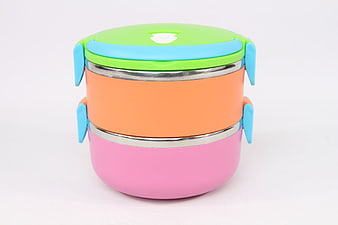 Colorful Two-Tier Stainless Steel Lunch Box With Green Lid