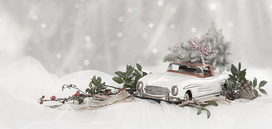 Vintage white toy car carrying Christmas tree on snowy background