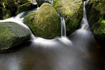 Long Exposure Mossy Rocks in Flowing Forest Stream