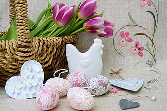 Easter Composition With Tulips, Wicker Basket, And Decorated Eggs