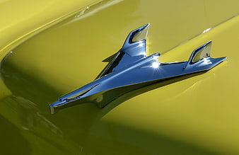 Chrome Shark Ornament on Vintage Yellow Car Hood
