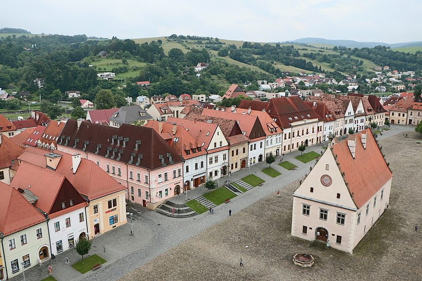 Aerial View of Historic European Town Square with Red Roofs