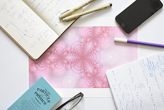 Physics Study Desk With Notebooks, Pens, Smartphone, And Fractal Print