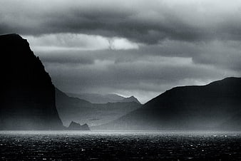 Moody Black and White Mountain Landscape with Misty Lake