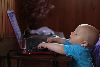 Baby Boy Using Laptop Computer at Home